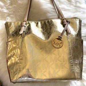 Michael Kors Metallic Gold Jet Set Tote - Gold Hardware and MK Logo fob
